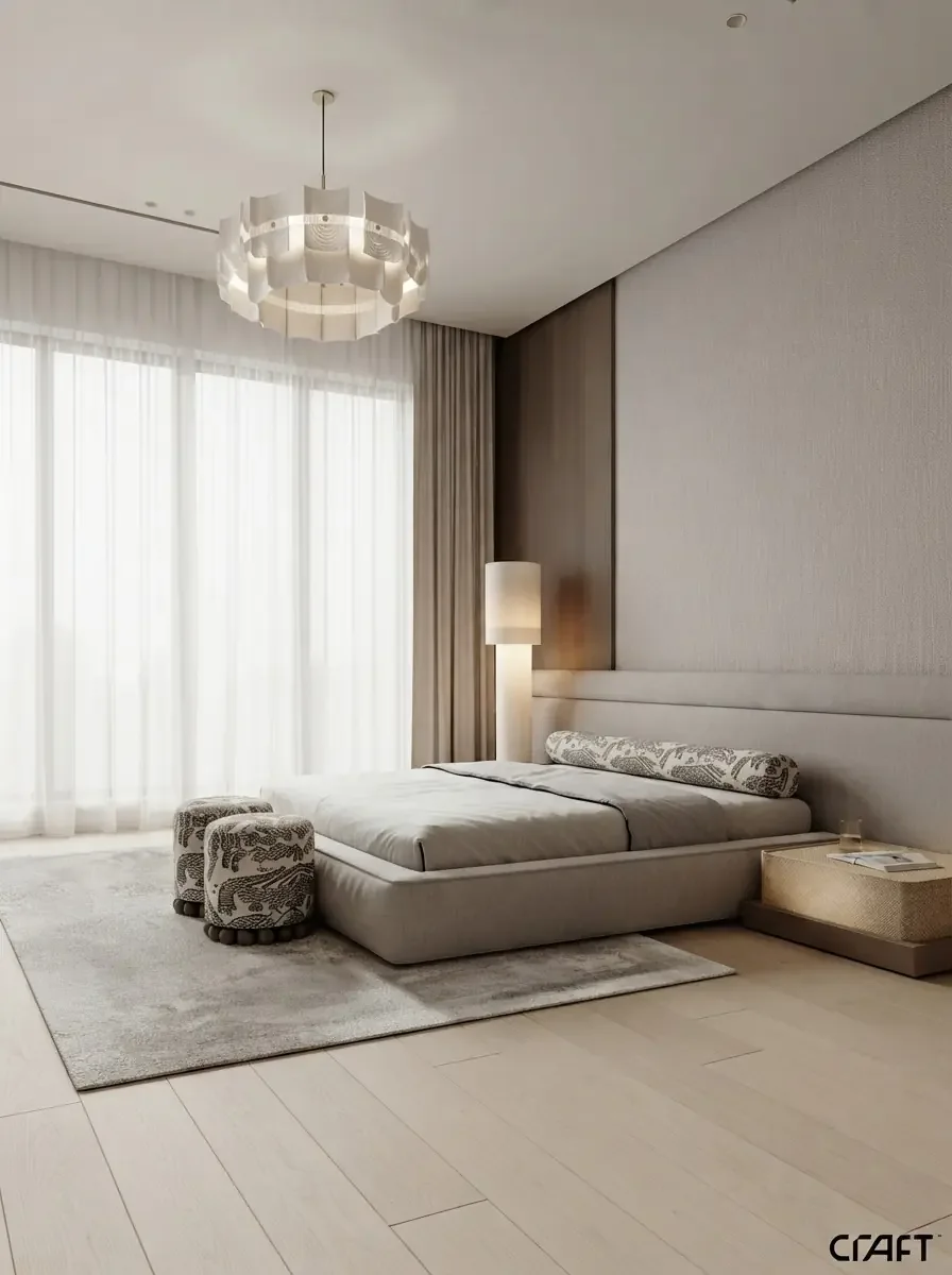 Serene bedroom retreat render with a low platform bed, floor to ceiling drapes on the window wall to the side and a sculptural pendant
