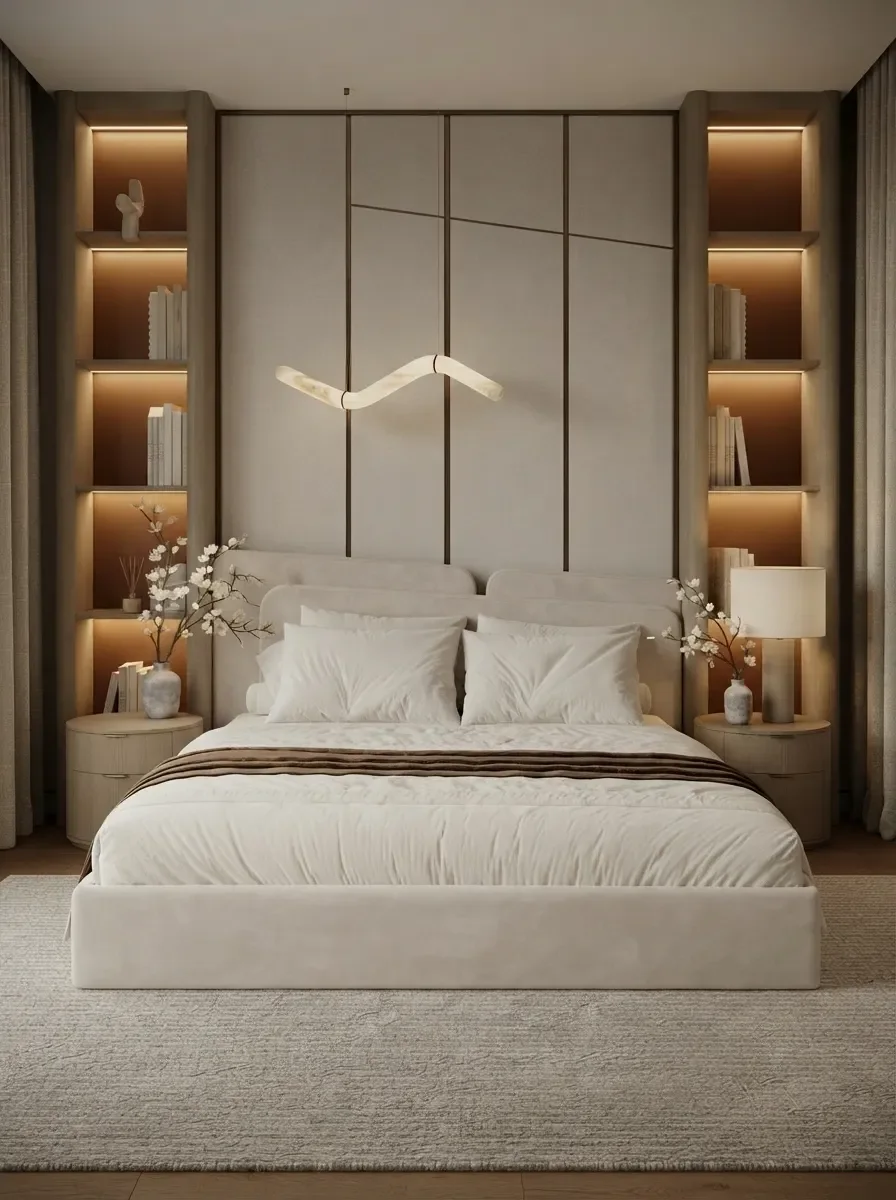 Warm minimal bedroom render with a boucle bed against a cream wall with built-in lit niches on both sides, oak floor and a small bench at the foot