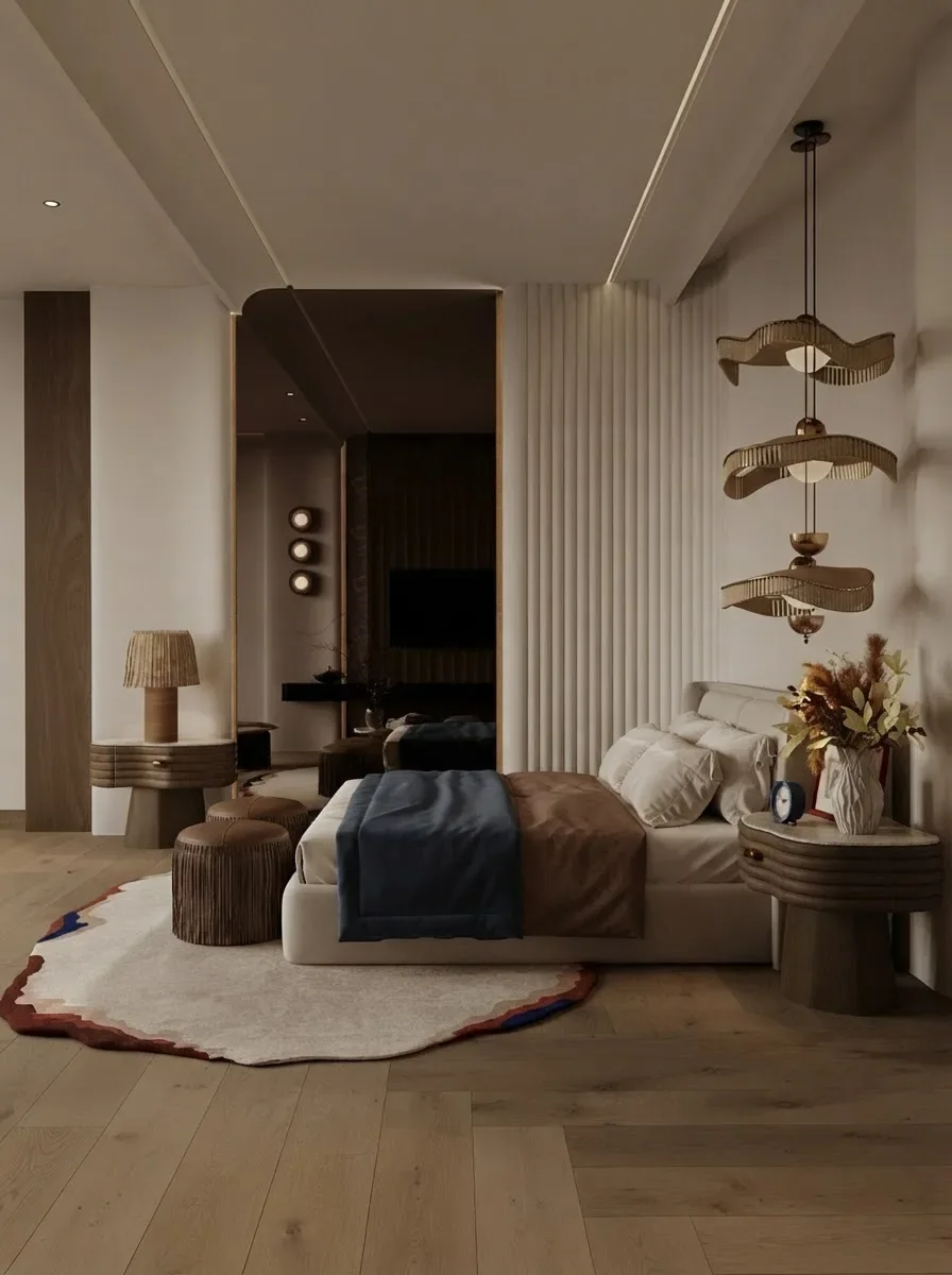 Master bedroom render with fluted walnut panels behind the bed, a soft botanical mural and a TV mounted on the wall opposite the bed
