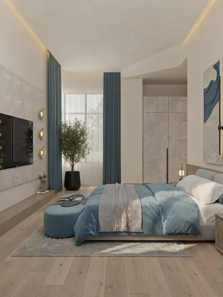 Master bedroom render with the bed against a panelled headboard wall and the TV mounted on the textured stone wall it faces
