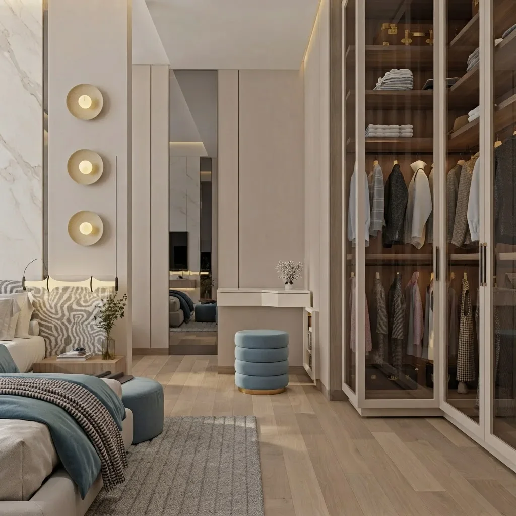 Bedroom render with white fluted panels around the bed, round brass wall lights and a tall window with blue curtains beside the bed