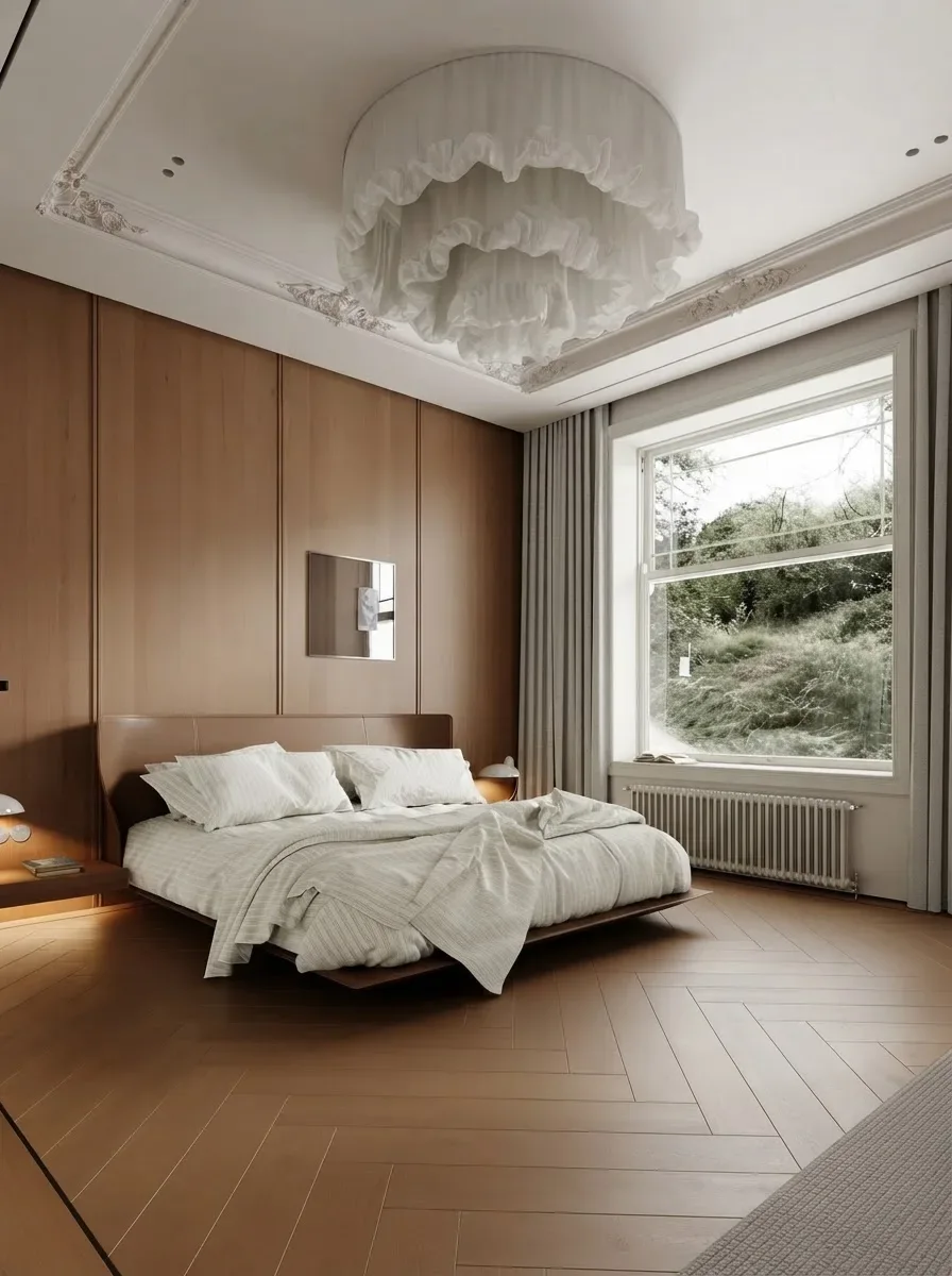 Master bedroom render with a low bed against a walnut panelled wall and a tall window with a radiator to the side of the bed, morning light from the left