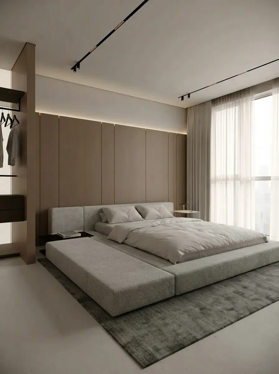 Japandi bedroom render with a low bed and a full wall of open oak wardrobe opposite it, beige rug and soft daylight