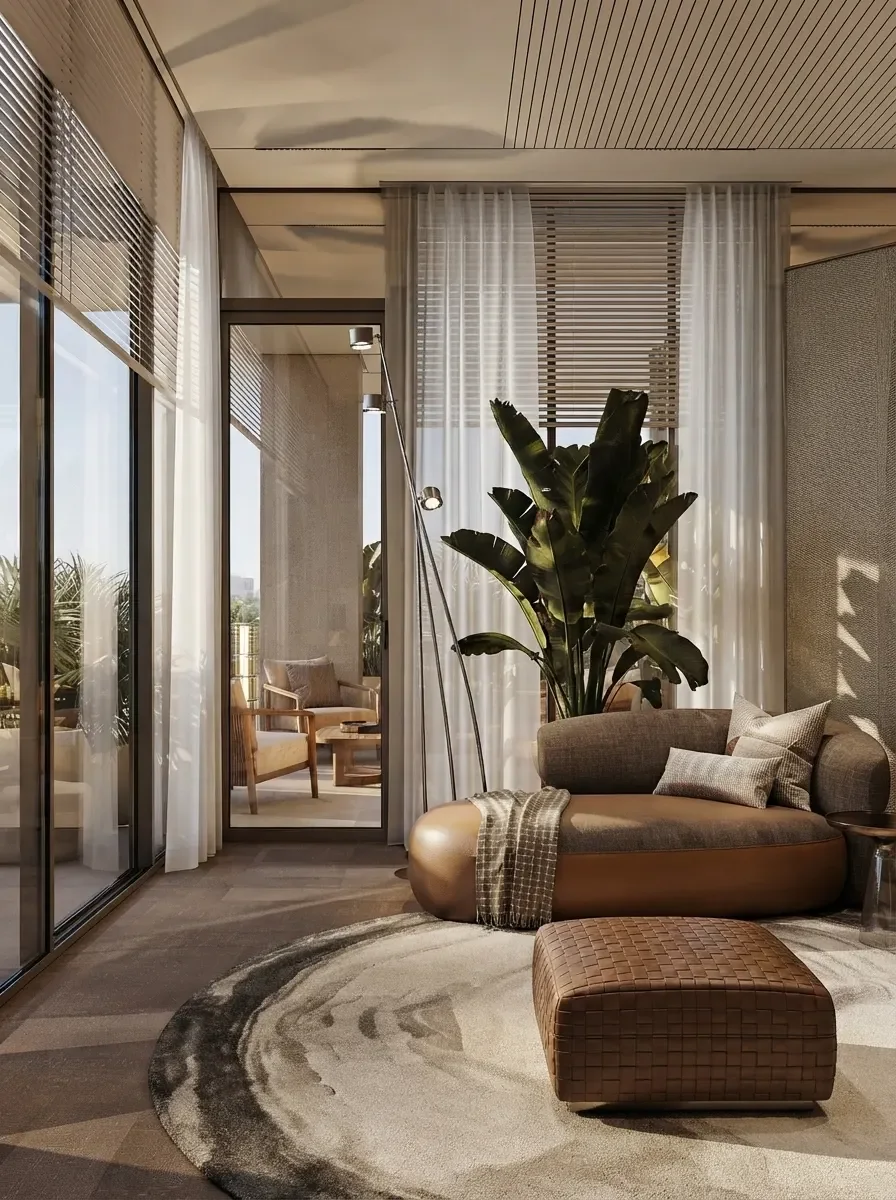 Master suite render with a lounge corner of curved leather seating by the window, tall plants and the bed zone beyond