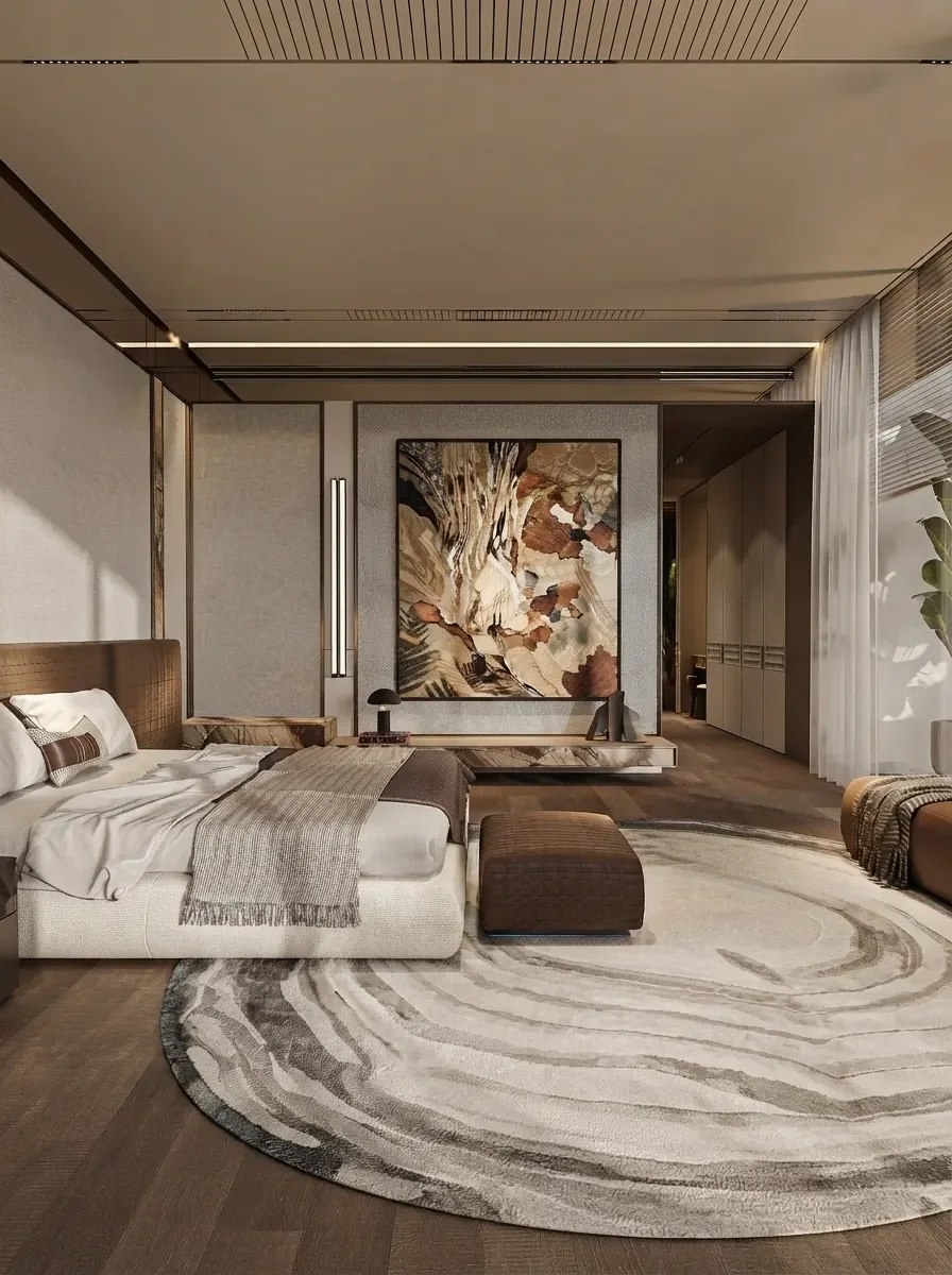 Master suite render with a bed facing a large artwork and a marble walk-in closet visible through an opening beyond the bed wall