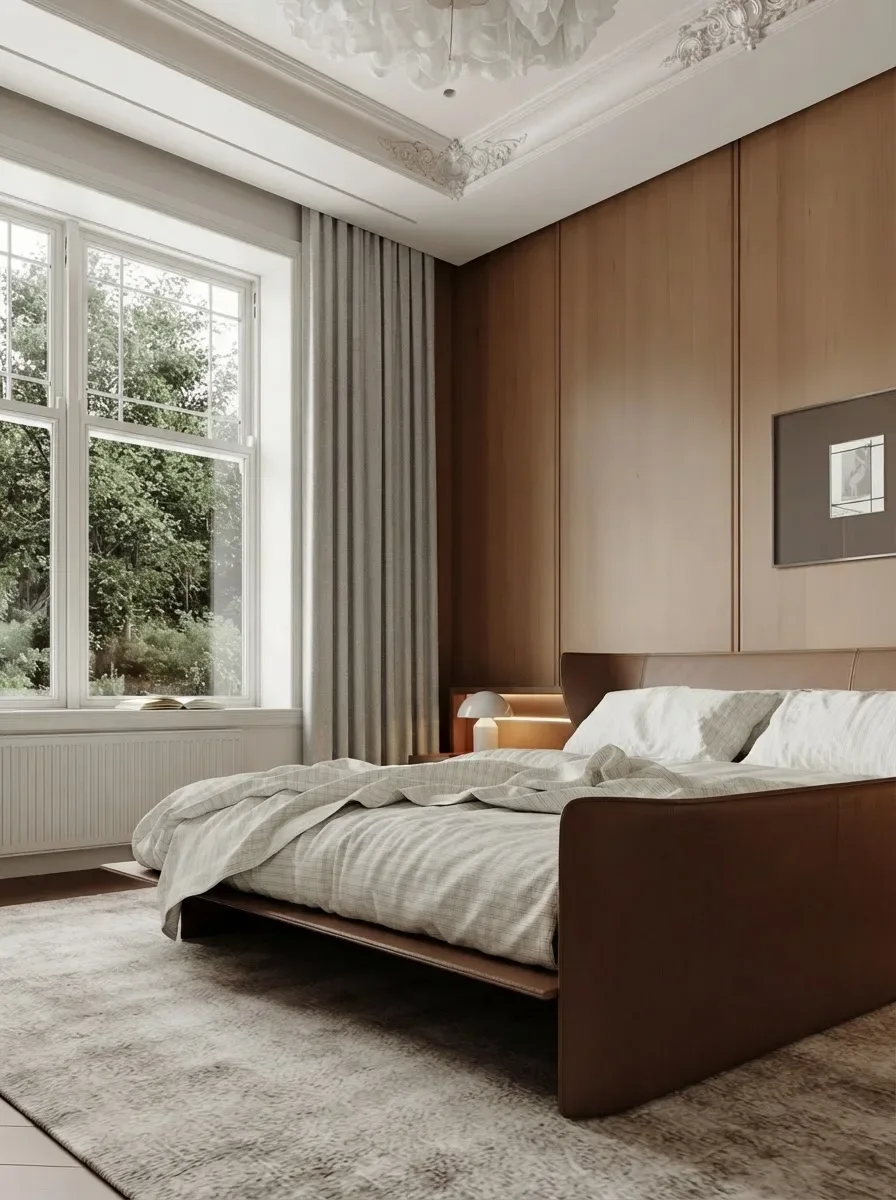 The lounge zone of the same walnut master bedroom with a curved boucle sofa by the window and a wall-mounted TV opposite