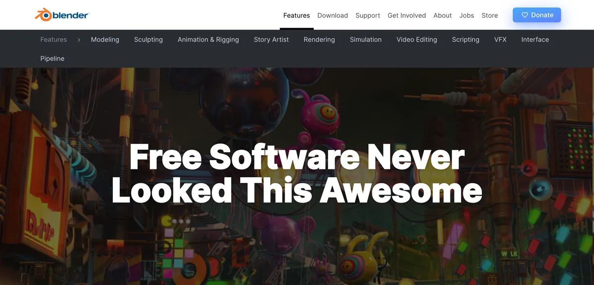 The Blender features page with the headline Free Software Never Looked This Awesome and a paragraph describing Blender as a free and open source 3D creation suite covering modelling, rigging, animation, simulation and rendering