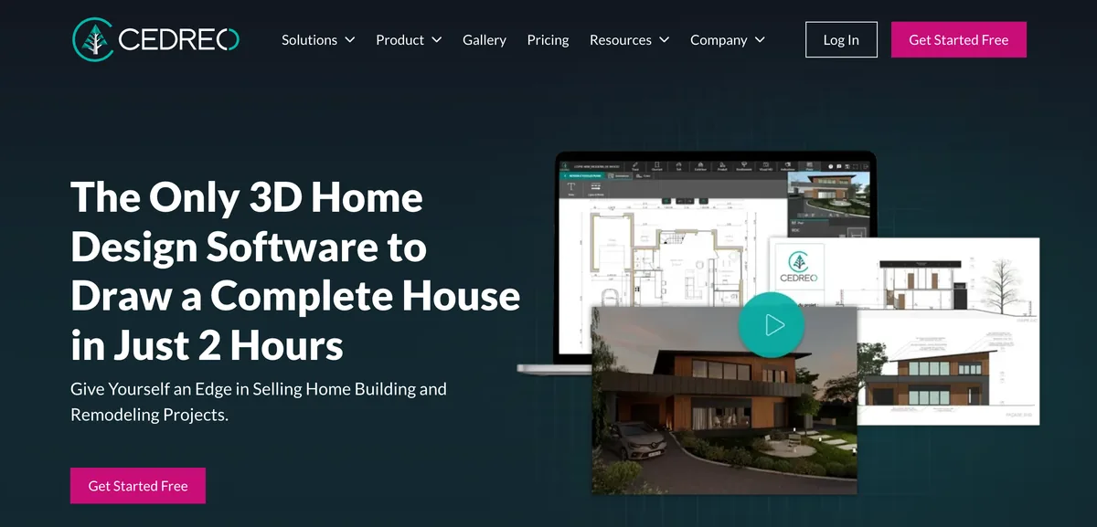 The Cedreo homepage with the headline The Only 3D Home Design Software to Draw a Complete House in Just 2 Hours and the subline give yourself an edge in selling home building and remodeling projects