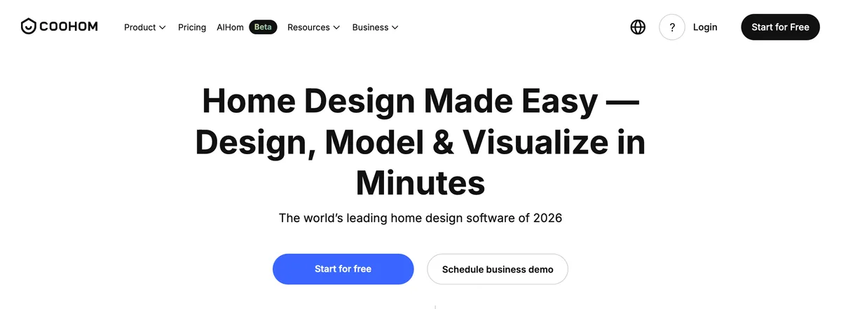 The Coohom homepage with the headline Home Design Made Easy, Design, Model and Visualize in Minutes, the claim the world's leading home design software of 2026, and G2, GetApp and Capterra badges