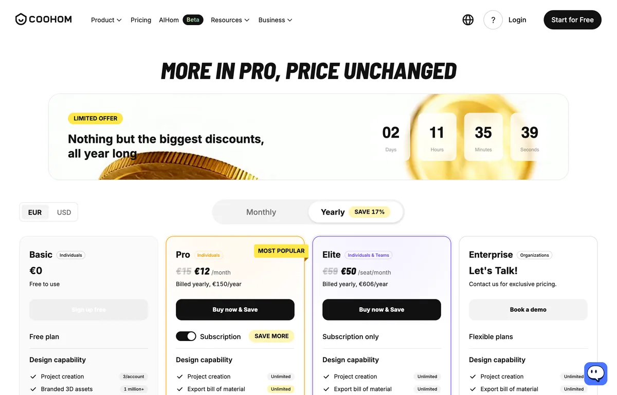 The Coohom pricing page headed More in Pro, price unchanged, with a limited offer banner counting down days, hours, minutes and seconds, and plans at zero euros, 12 euros per month and 50 euros per seat per month