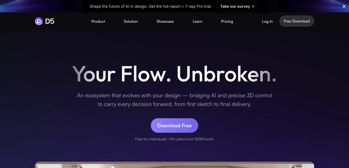 The D5 Render homepage with the headline Your Flow. Unbroken. a Download Free button and the line free for individuals, Pro plans from 38 dollars a month
