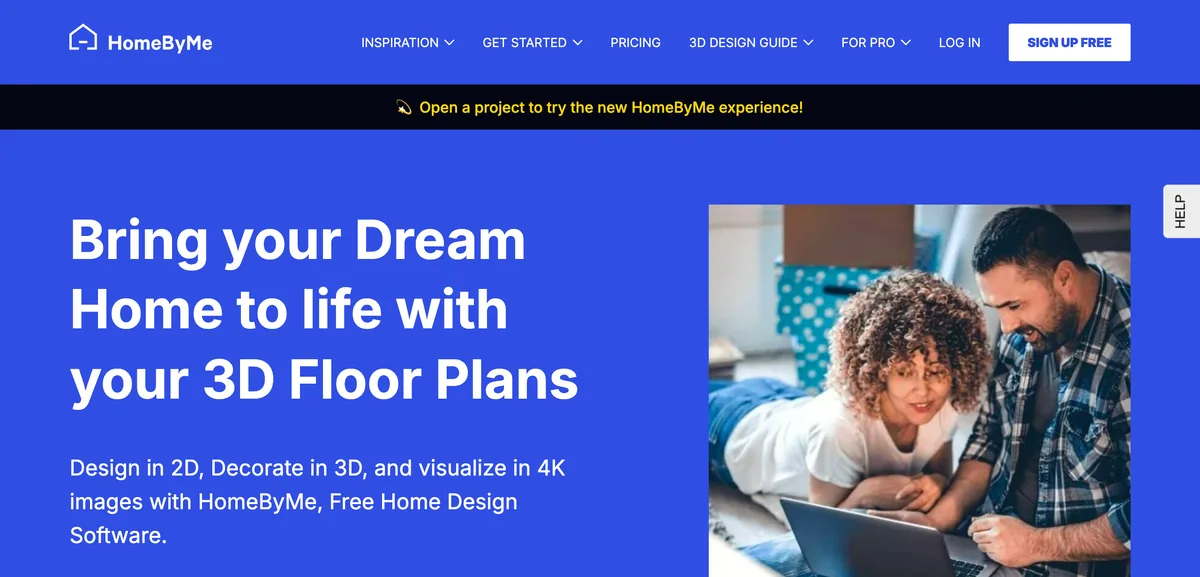 The HomeByMe homepage with the headline Bring your dream home to life with your 3D floor plans and the line design in 2D, decorate in 3D, and visualize in 4K images
