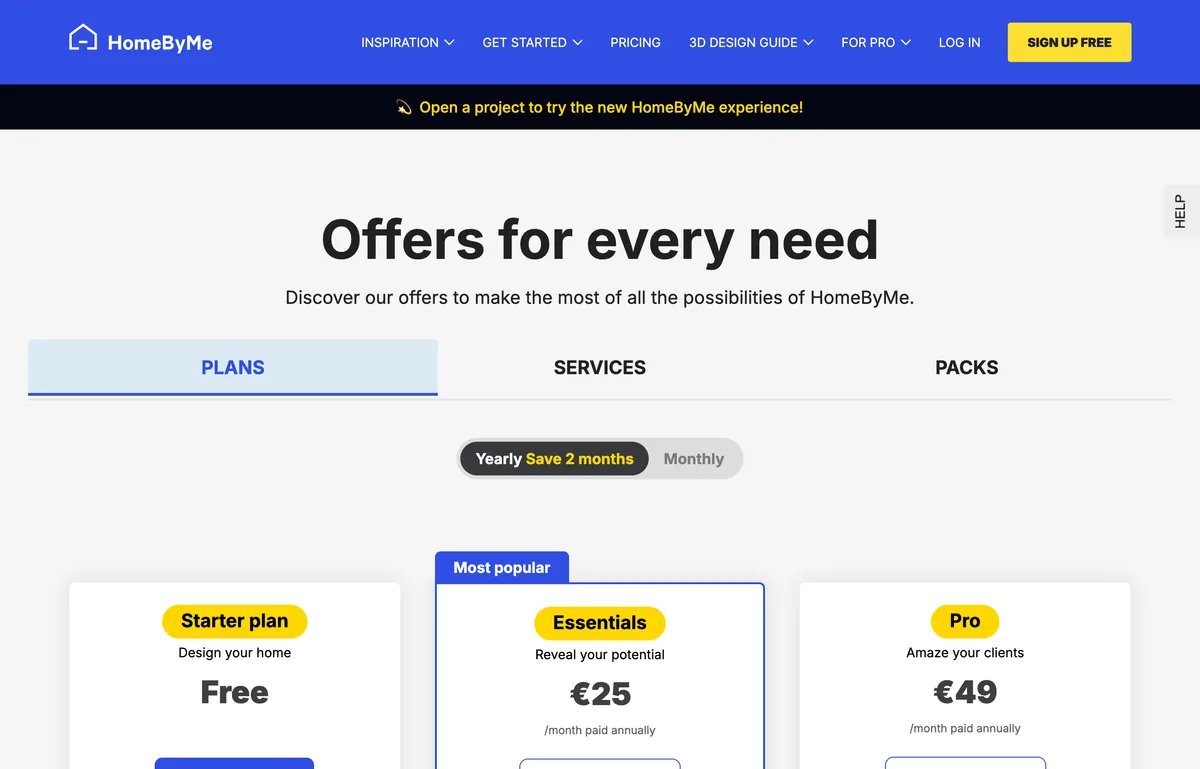 The HomeByMe offers page showing a Starter plan marked Free, an Essentials plan at 25 euros per month paid annually and a Pro plan at 49 euros per month paid annually