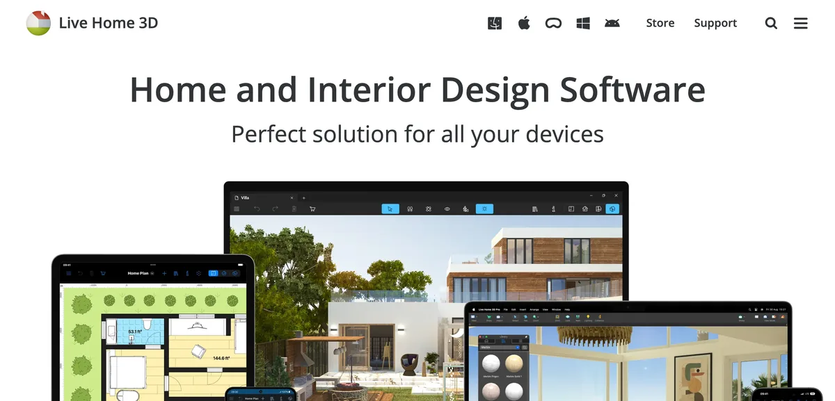The Live Home 3D homepage headed Home and Interior Design Software, perfect solution for all your devices, showing the app running on an iPad, a laptop and a desktop with a floor plan and a 3D room