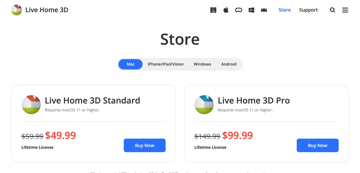 The Live Home 3D store page showing Standard at 49.99 dollars reduced from 59.99 and Pro at 99.99 dollars reduced from 149.99, both described as a lifetime licence