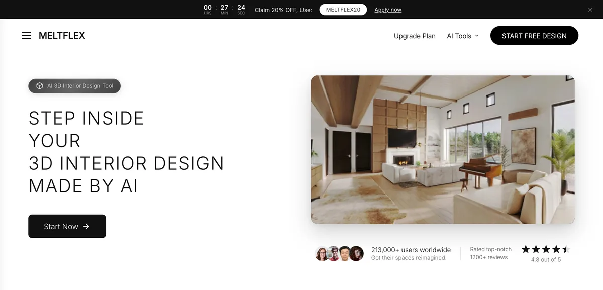 The MeltFlex AI 3D interior design tool page showing the headline Step inside your 3D interior design made by AI, a rendered living room with a fireplace and a piano, and an upload panel below