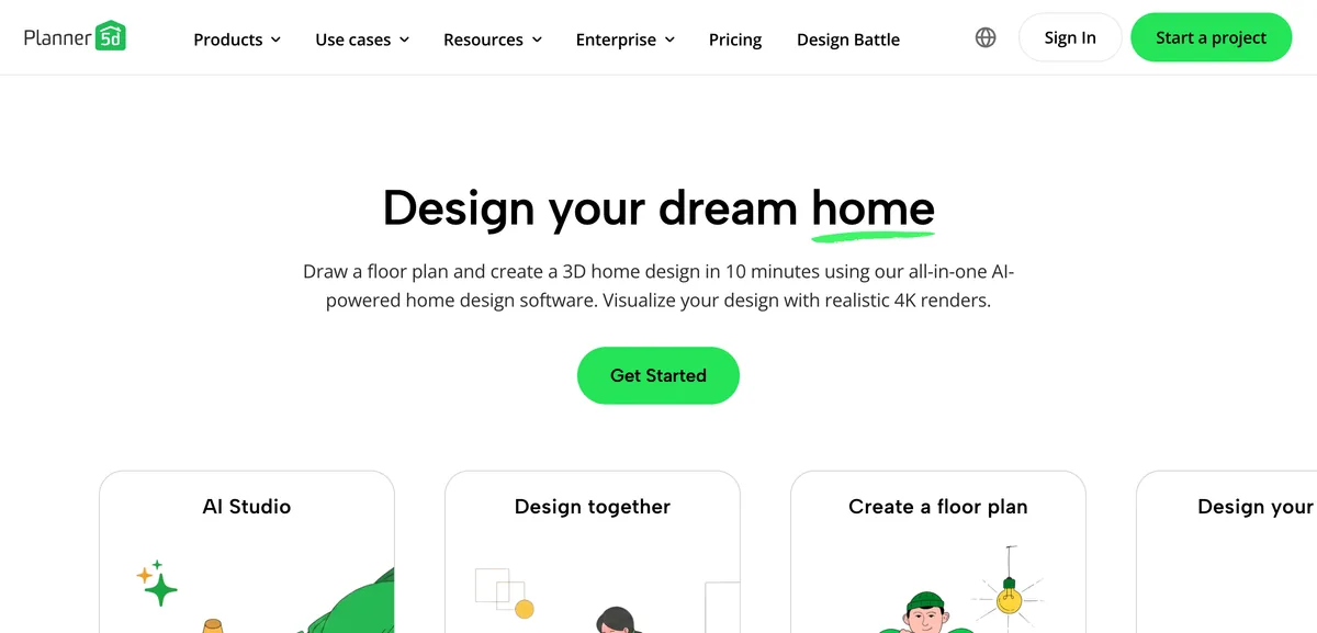 The Planner 5D homepage with the headline Design your dream home and cards for AI Studio, Design together and Create a floor plan