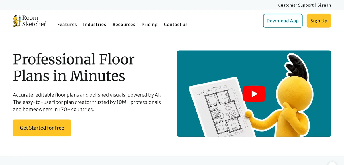 The RoomSketcher homepage with the headline Professional Floor Plans in Minutes and a claim of 10 million professionals and homeowners in over 170 countries
