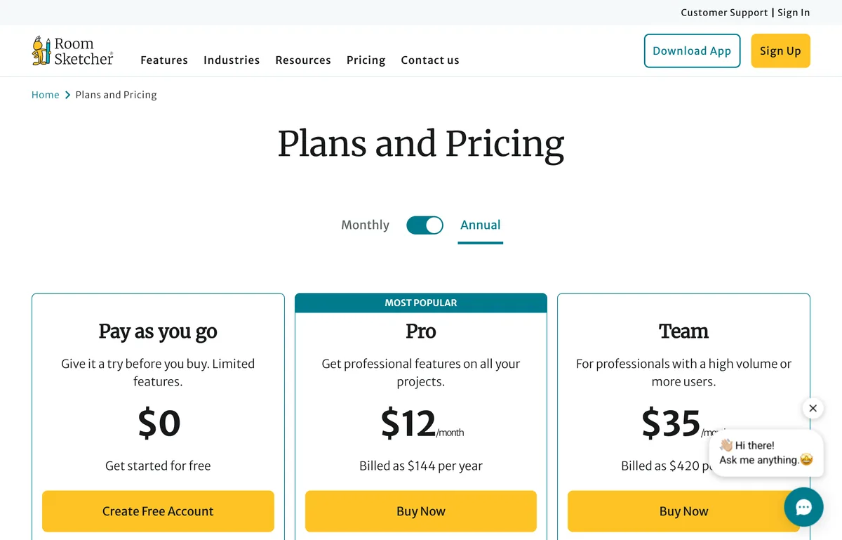 The RoomSketcher pricing page showing a free Pay as You Go plan, a Pro plan at 12 dollars per month billed 144 dollars per year and a Team plan at 35 dollars per month billed 420 dollars per year