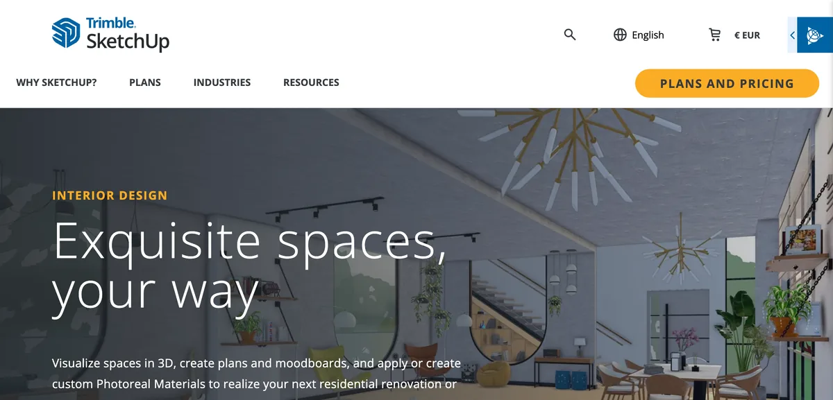The Trimble SketchUp interior design industry page with the headline Exquisite spaces, your way, over a rendered dining space, and buttons for Explore Pricing and Try SketchUp