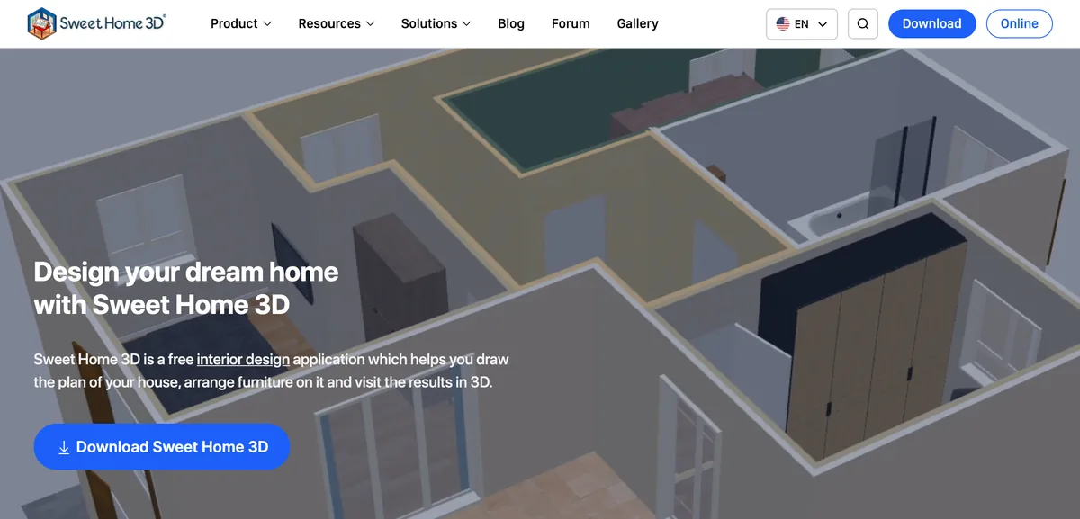 The Sweet Home 3D website showing an isometric 3D view of a furnished apartment with the tagline Design your dream home with Sweet Home 3D and a download button