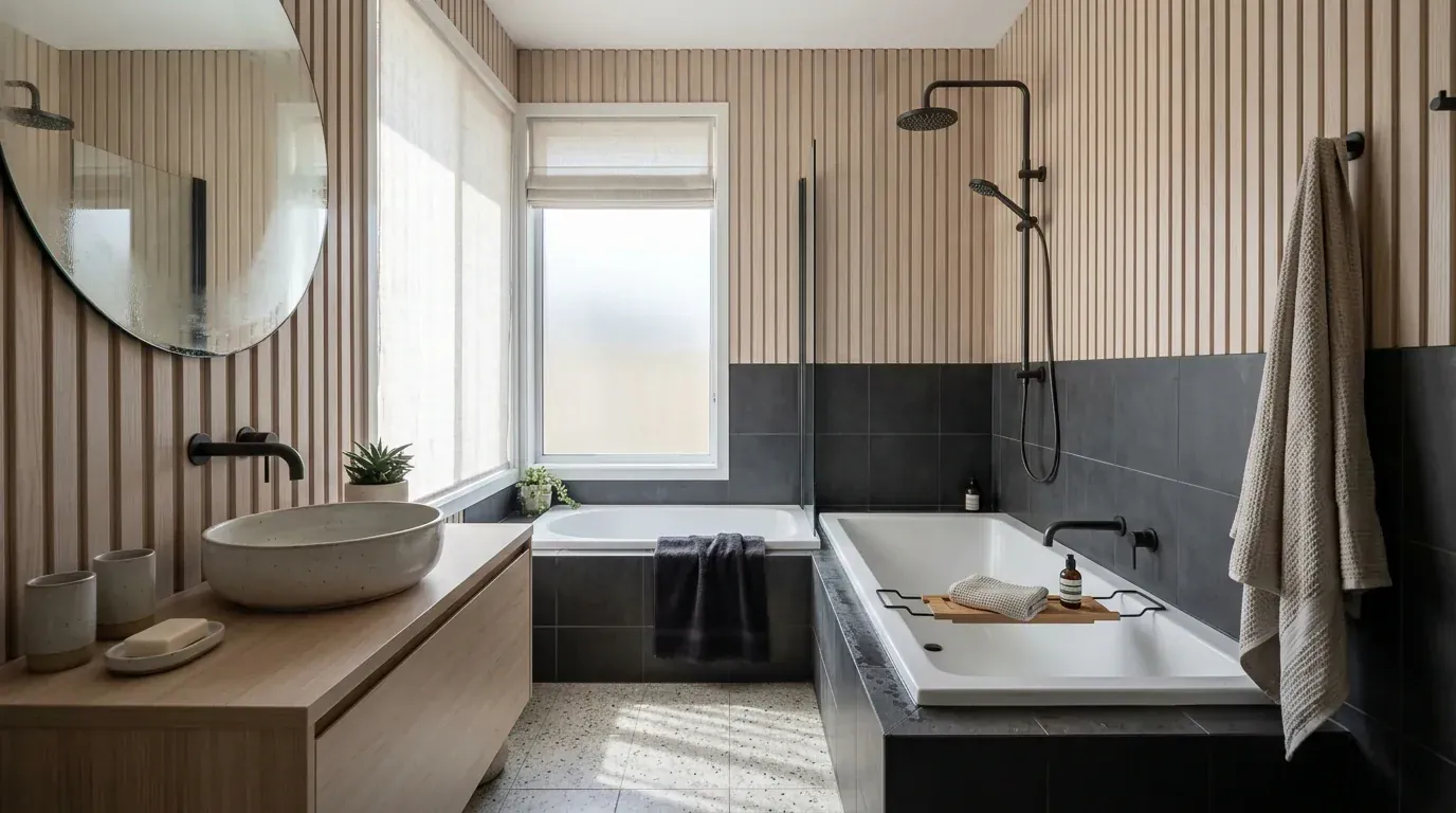 The same bathroom restyled in a Japandi scheme with pale ash battens, charcoal square tile and blackened steel fittings