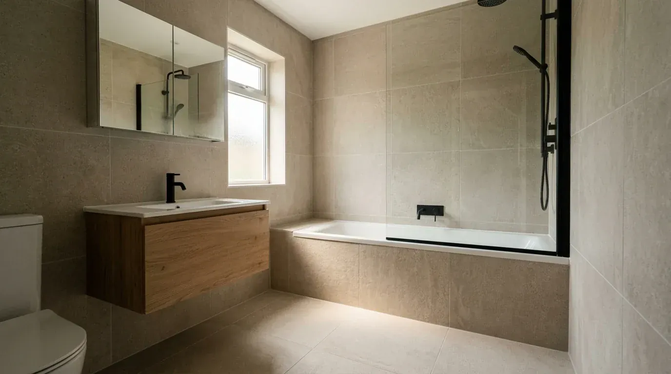 The same bathroom restyled in warm modern greige tile with a wall-hung oak vanity and matte black brassware, bath and window unchanged