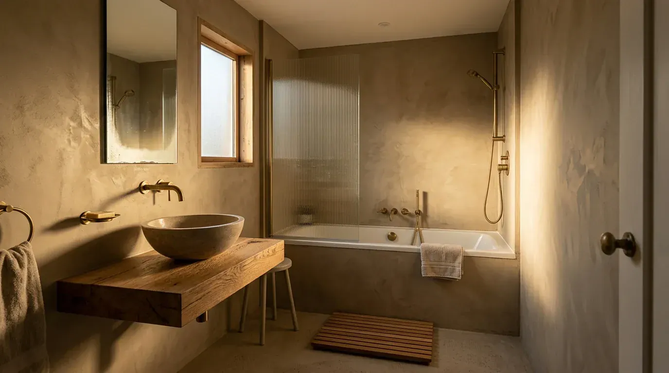 The same bathroom restyled as a warm spa scheme in micro-cement with a stone vessel basin and aged brass fittings