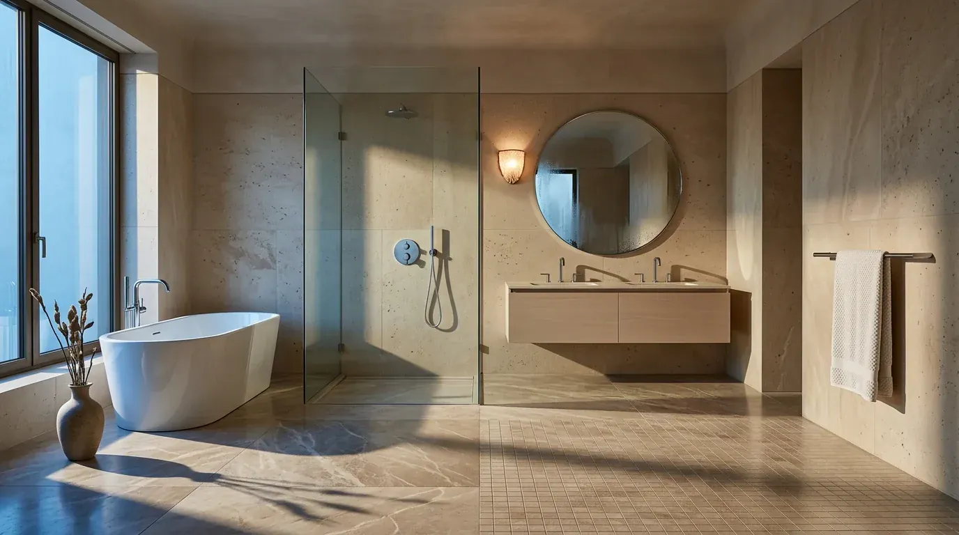 An AI generated bathroom that looks convincing until you notice the floor tile changes scale abruptly halfway across the room and the shower glass panel has no return