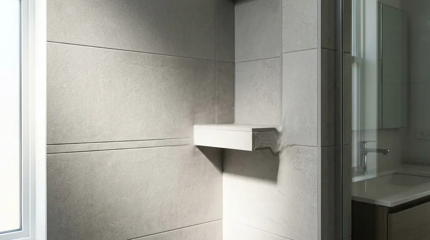 Close crop of an AI generated bathroom wall showing a shower niche shelf melting into the tile behind it and grout lines drifting out of alignment across the corner