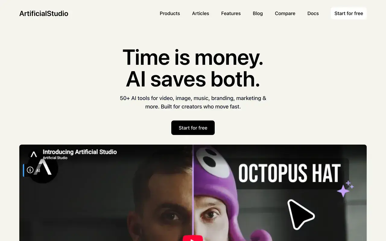 Screenshot of the Artificial Studio homepage advertising more than 50 AI tools for video, image and branding
