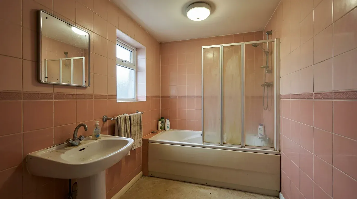 A dated 1980s bathroom with salmon pink tile, a pedestal basin and a cloudy folding shower screen, the before photo used to test AI bathroom design tools