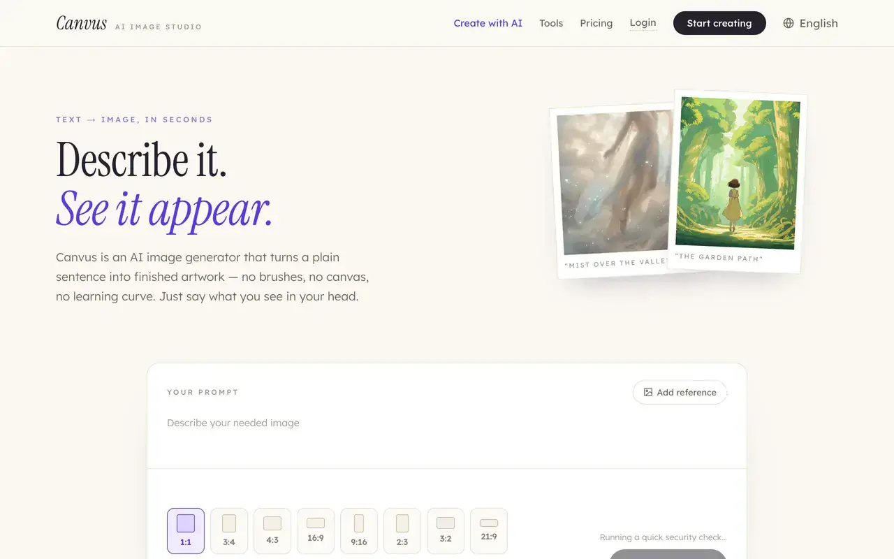 Screenshot of the Canvus AI homepage showing its general purpose AI image studio