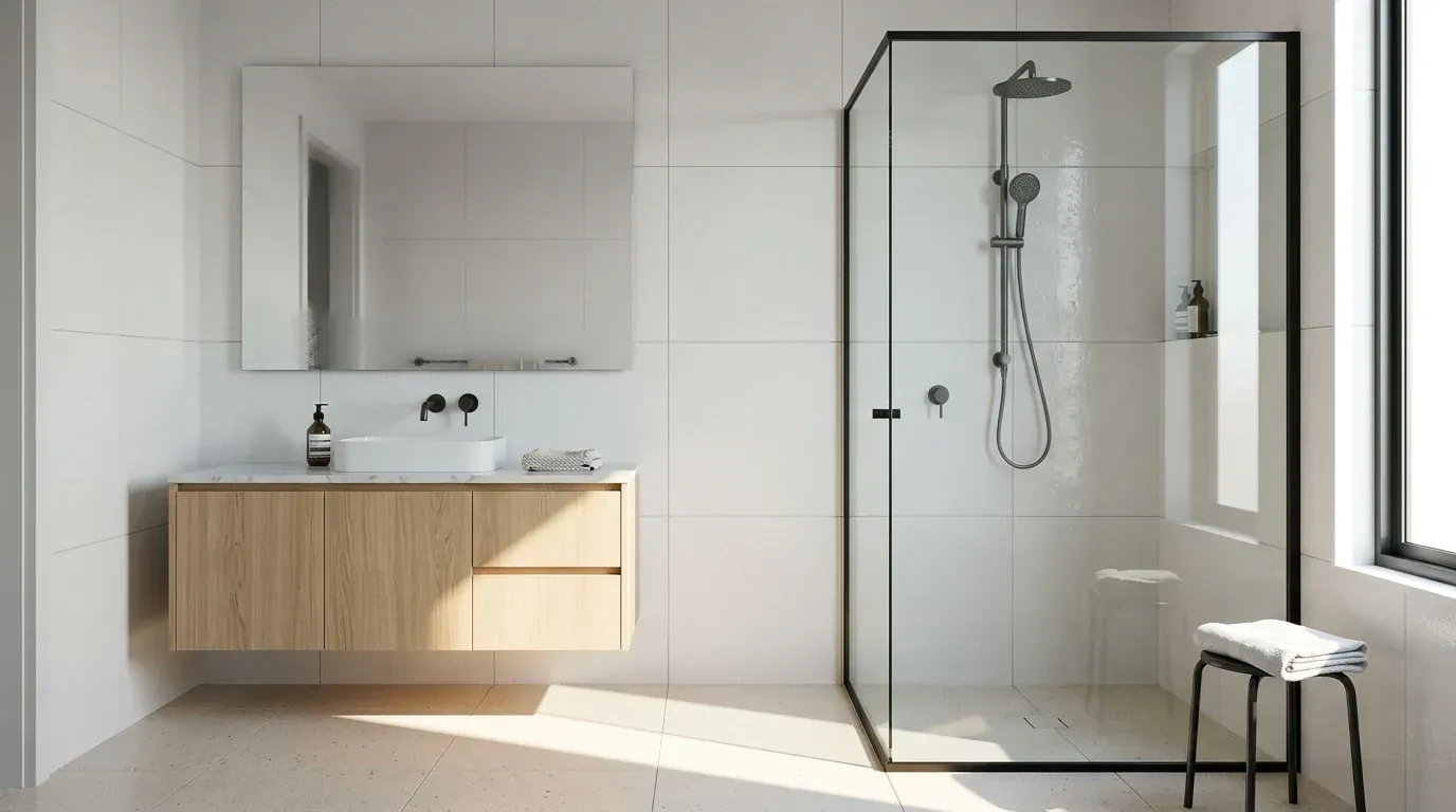 A resolved warm modern bathroom with a wall-hung oak vanity, frameless glass shower screen and hard sunlight across the floor tile