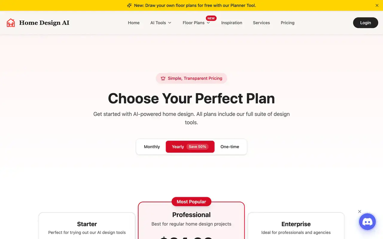 Screenshot of the Home Design AI pricing page showing Starter at 9.99 dollars per month with 200 credits