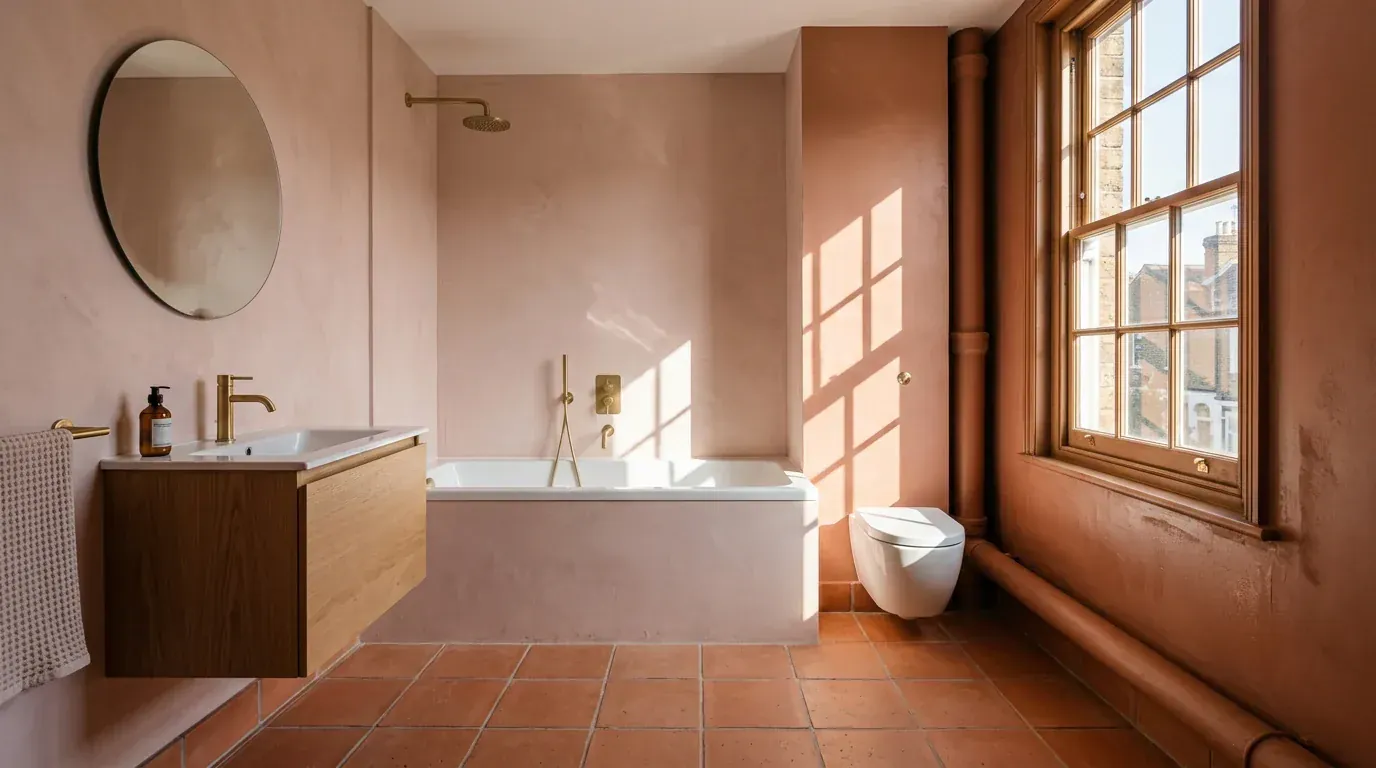 A bathroom where the original soil pipe boxing, window position and bath recess are clearly retained while every finish is new