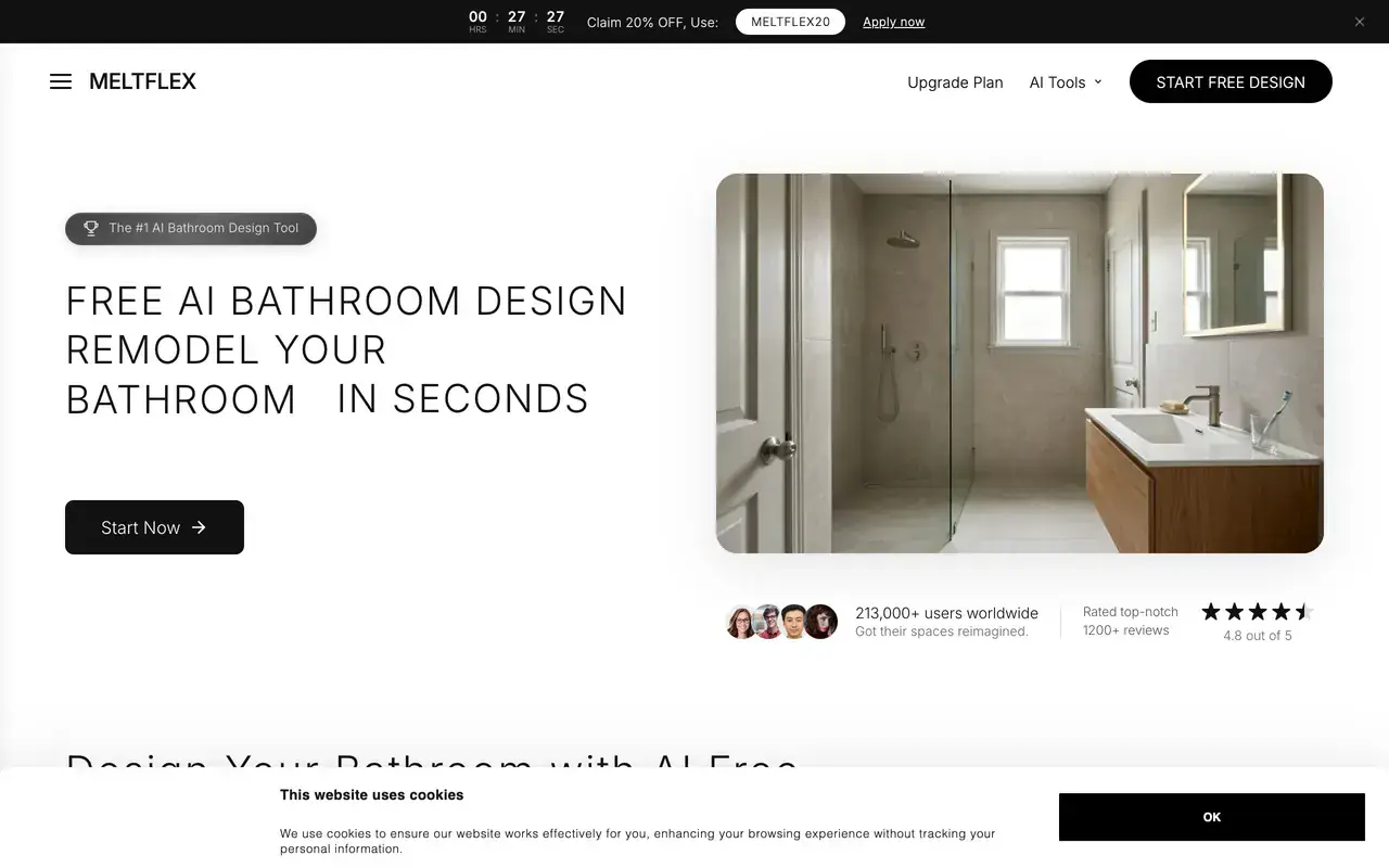 Screenshot of the MeltFlex AI bathroom design tool landing page showing photo upload and bathroom style options