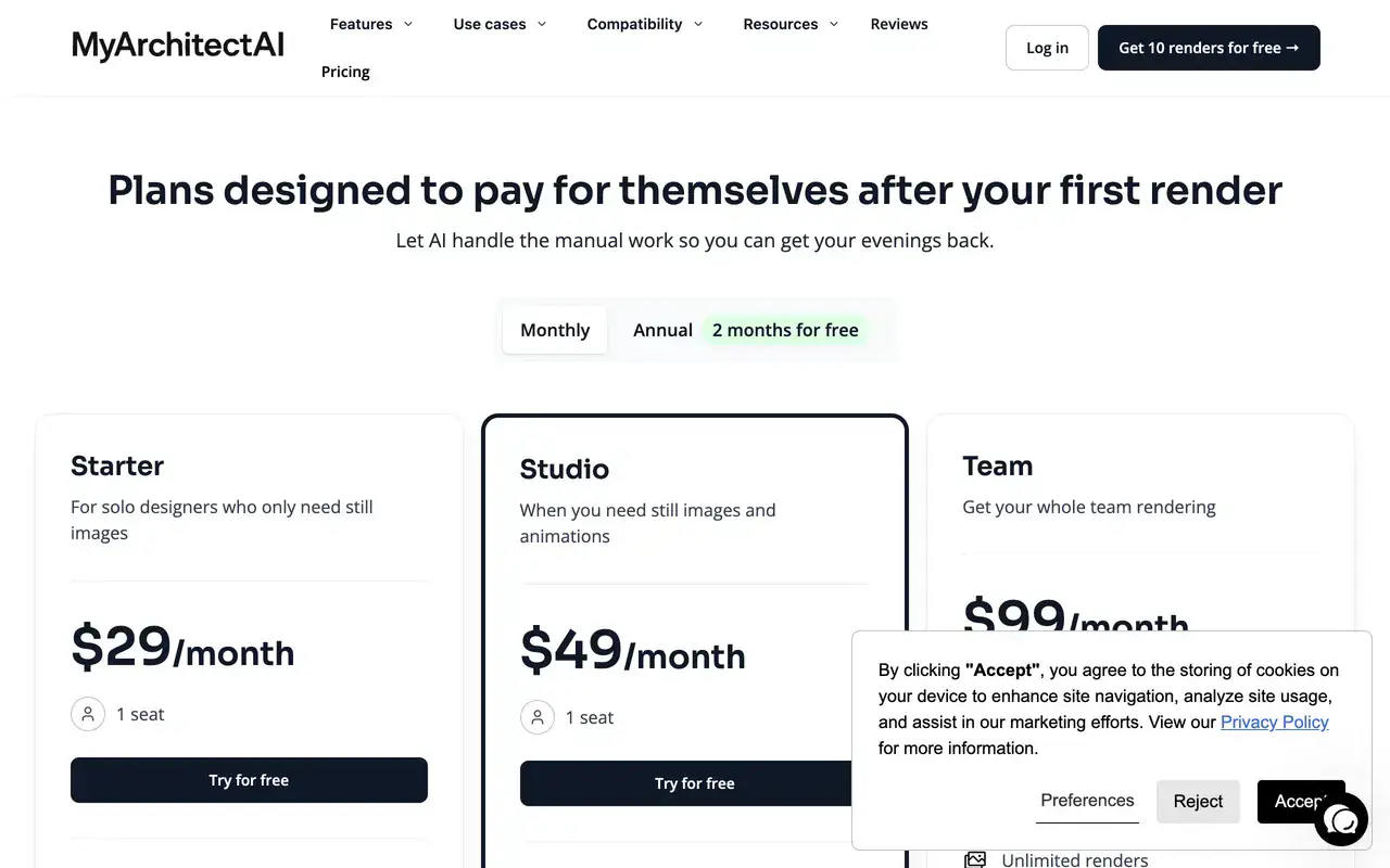 Screenshot of the MyArchitectAI pricing page showing Starter at 29 dollars per month with unlimited renders