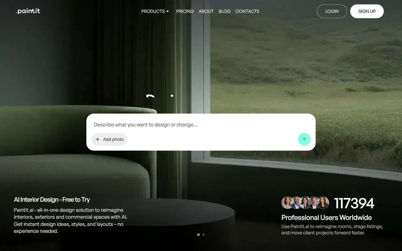 Screenshot of the Paintit.ai homepage showing its prompt-driven interior, exterior and commercial design tool