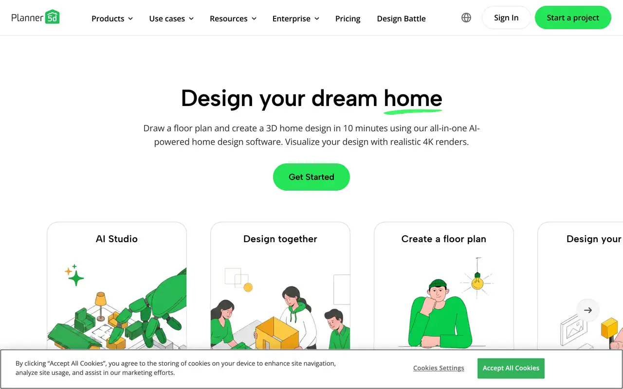 Screenshot of the Planner 5D homepage showing its 3D home design planner