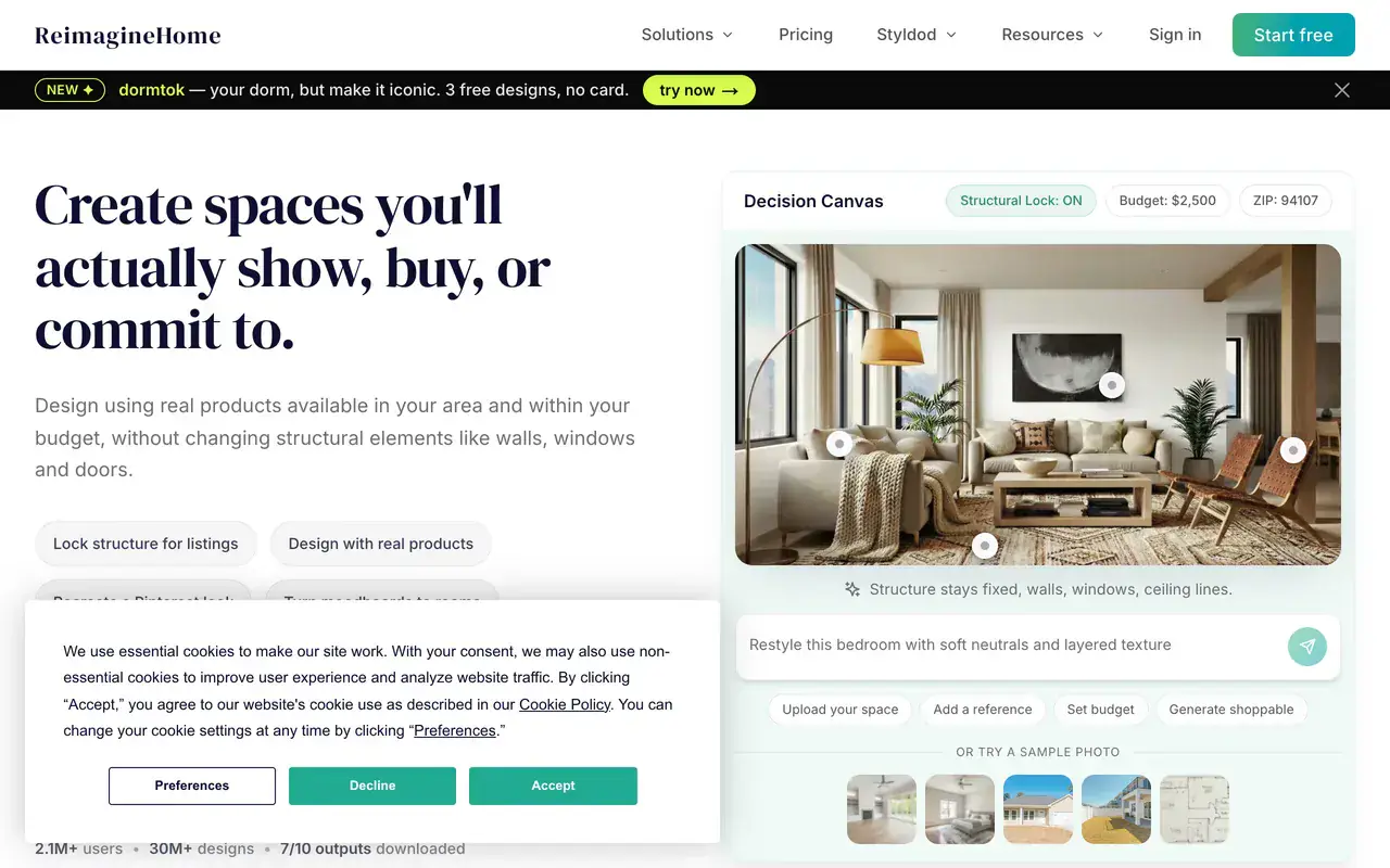 Screenshot of the ReimagineHome AI homepage showing its design and virtual staging product