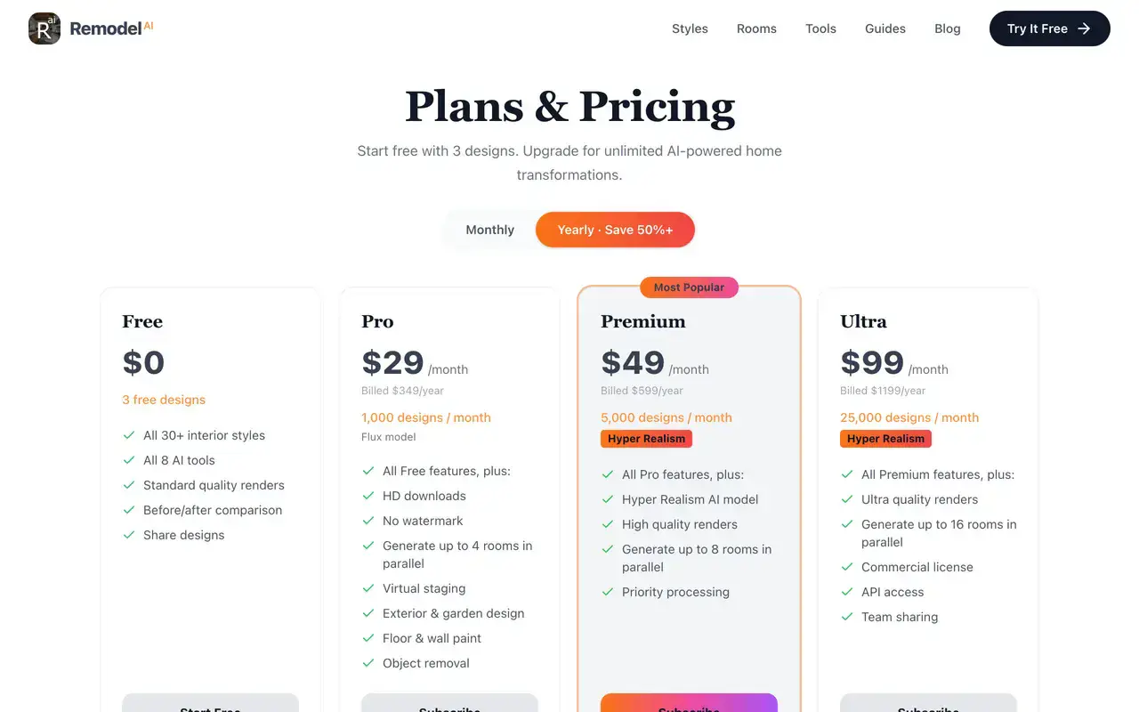 Screenshot of the RemodelAI pricing page showing a free tier with 3 designs and Pro at 29 dollars per month