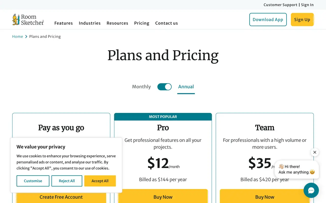 Screenshot of the RoomSketcher pricing page showing a free tier and Pro at 12 dollars per month