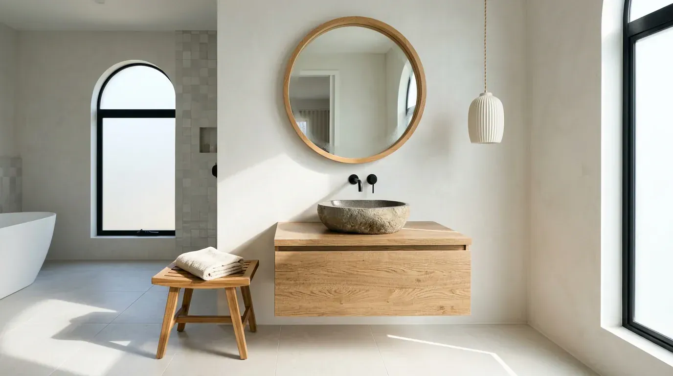 A finished warm modern bathroom with an oak framed mirror, stone vessel basin, matte black tap, teak stool and ribbed ceramic pendant, each object clearly separated