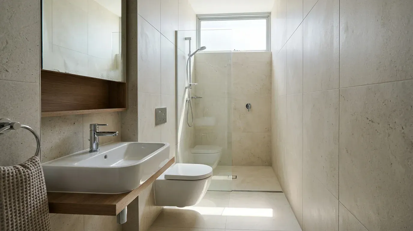 A compact bathroom with a wall-hung basin, wall-hung toilet and walk-in shower, continuous floor tile running underneath both fixtures