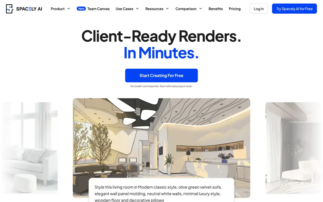 Screenshot of the Spacely AI homepage showing its AI interior design product for designers
