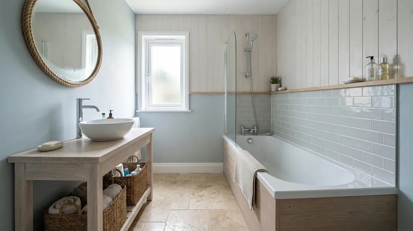 The same bathroom restyled in a coastal scheme with limewashed tongue and groove panelling, chalky blue-grey walls and a whitewashed oak vanity