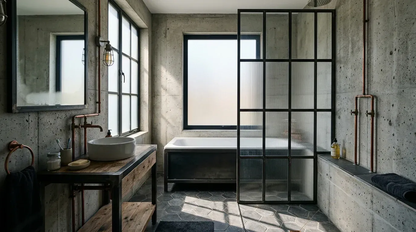 The same bathroom restyled in an industrial scheme with poured concrete walls, a blackened steel framed screen and exposed copper pipework