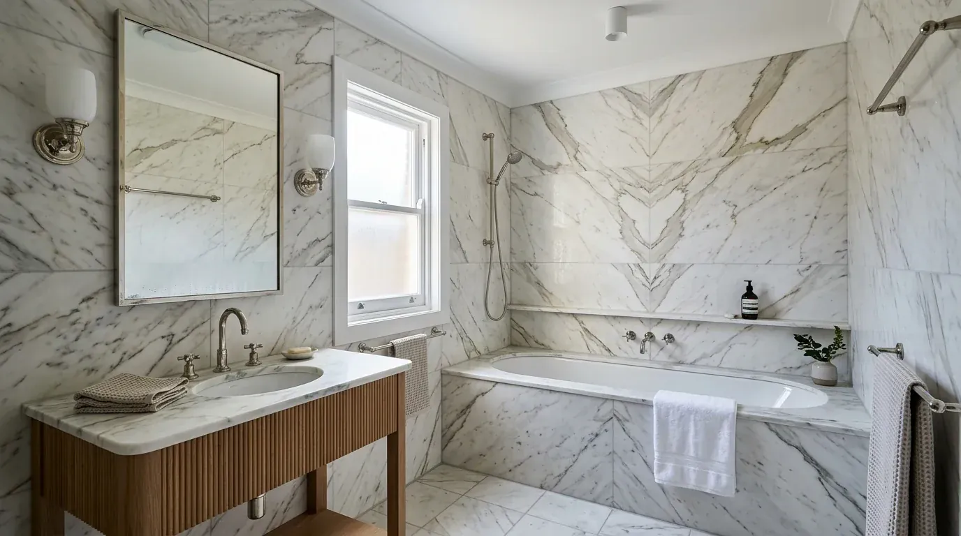The same bathroom restyled in a marble classic scheme with book-matched veined marble and polished nickel crosshead taps