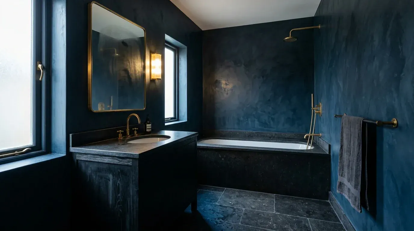 The same bathroom restyled in a moody dark scheme with ink blue tadelakt walls, blackened timber vanity and unlacquered brass